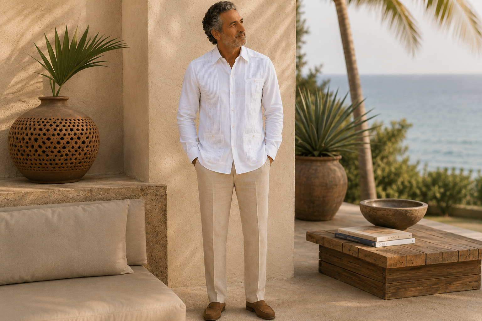 pap&aacute; elegante vestido con guayabera de lino y pantal&oacute;n artesanal mexicano